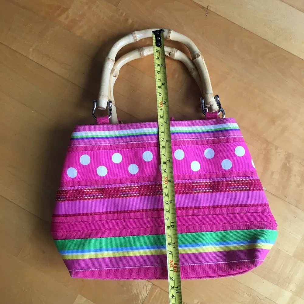 Mercer & Madison Bamboo Handle Mini Bag, Stripes, Polka Dots, Neon Pink, Green Pink - Image 11