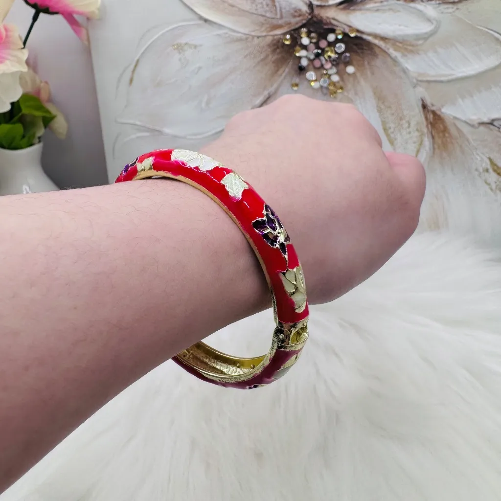 Red Flower Enamel Cloisonne Bracelet Bangle Thick Style - Image 5