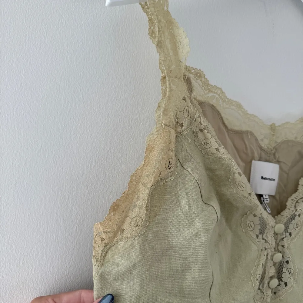 REFORMATION Kaya Lace Linen Sleeveless Mini Dress in Dried Herbs 6 - Image 6