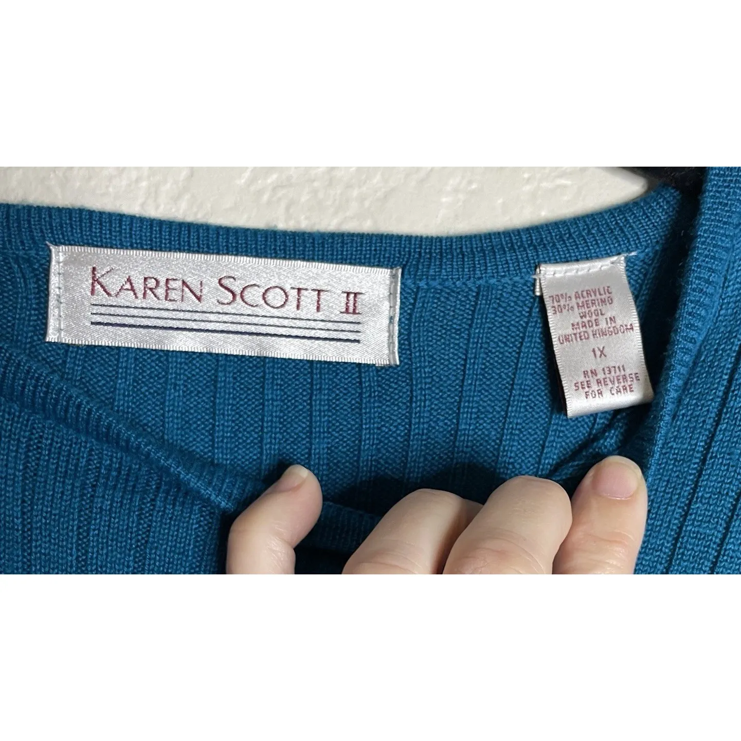 Karen Scott Womens 1X Teal Ribbed Sweater Top Merino Wool Blend‎ Preppy Career - Image 3