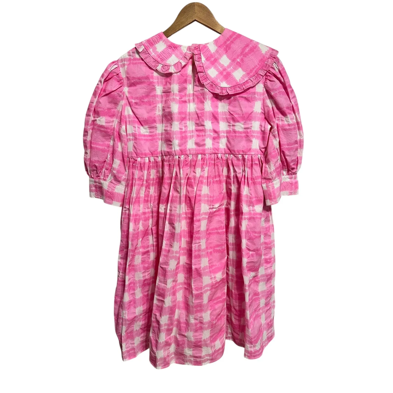 Vivetta tiedye check ruffled Pink White mini dress Collar Puff Sleeve plaid 38 - Image 7