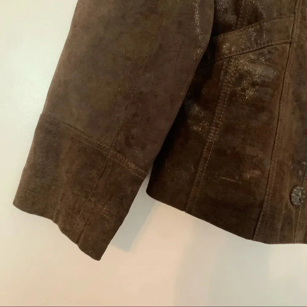 Powder River Outfitters Brown Western Leather Jacket Boho Conch Tribal Suede - Image 3