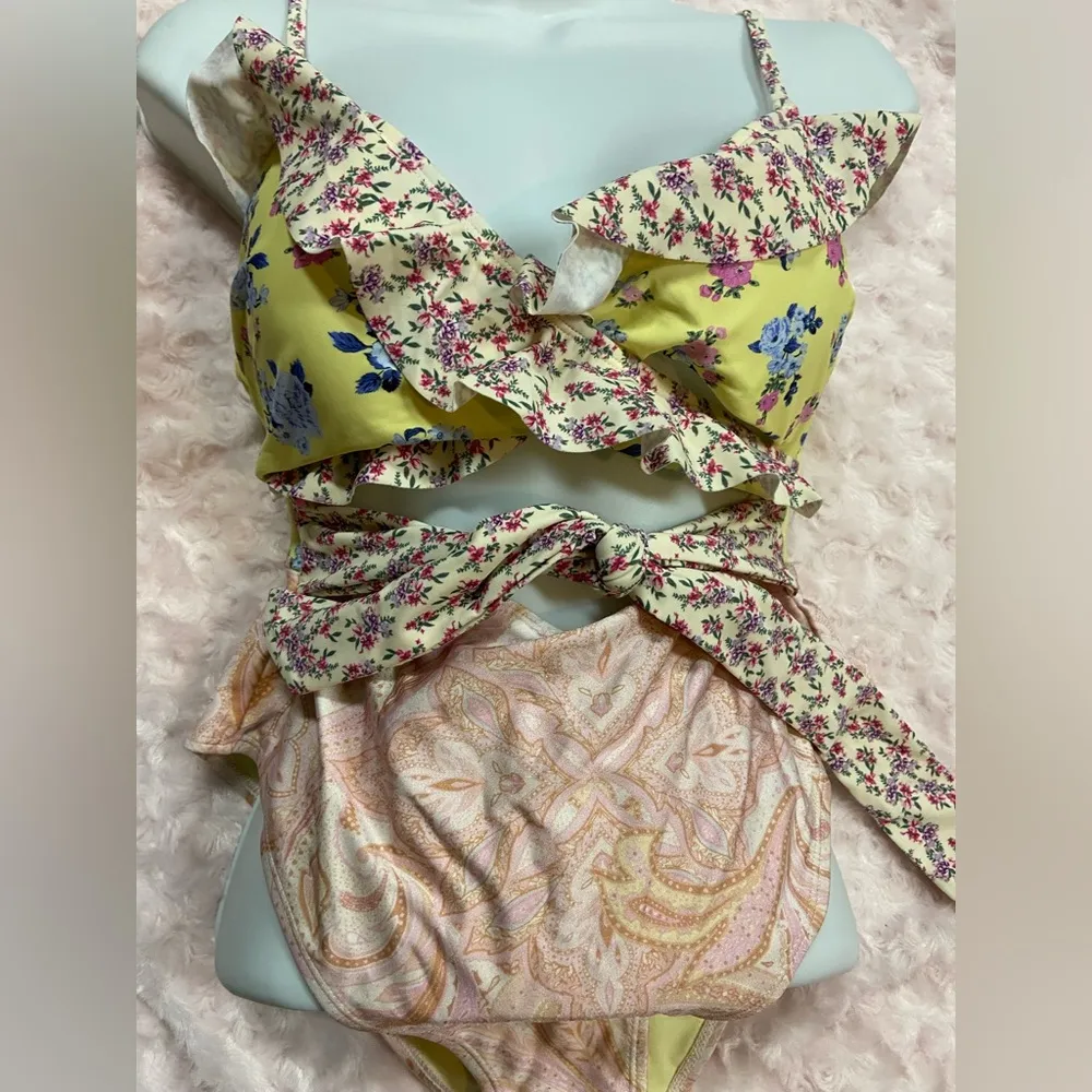 RIVER ISLAND Floral Print Ruffle Wrap Swimsuit In Pink Size 8 - Image 2