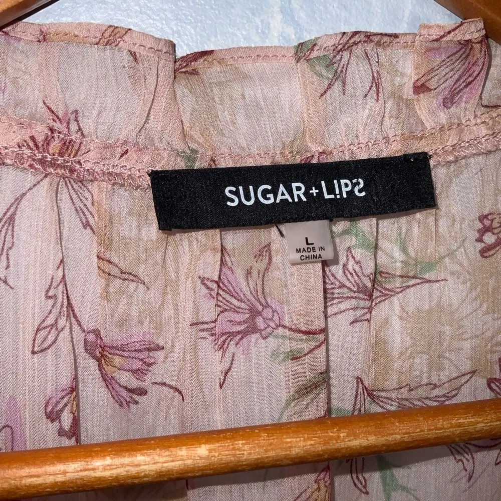 Sugar lips Blush Semi Sheer Floral Ruffle Cap Sleeve V-Neck Dainty Chiffon Top L - Image 11
