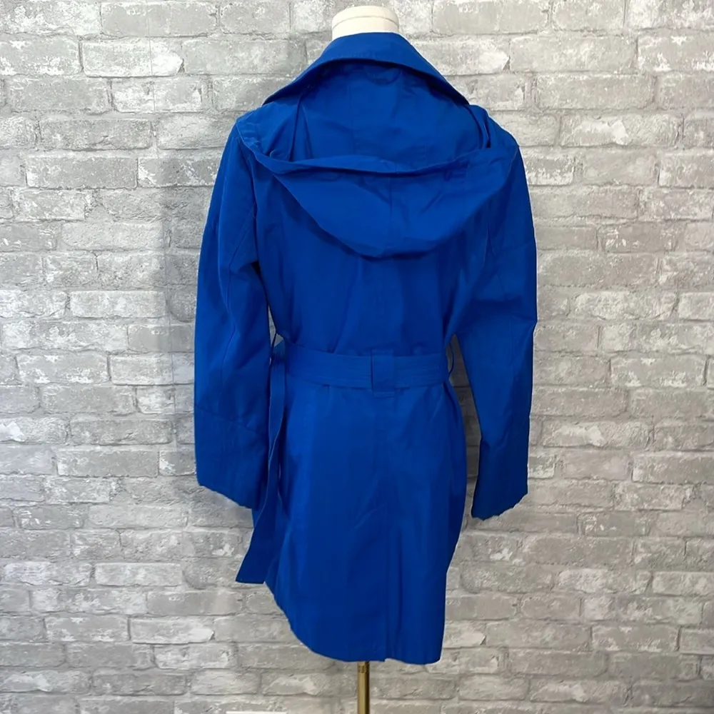 Michael Kors Blue Trench Coat with Asymmetrical Zipper and Belt - Image 6
