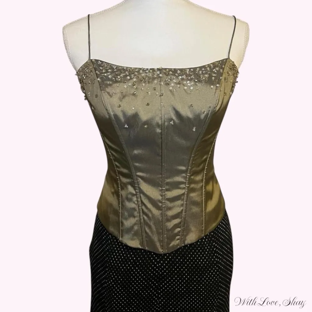 Y2k/90s vintage olive green satin and beaded corset top Yellow Size 4 - Image 2