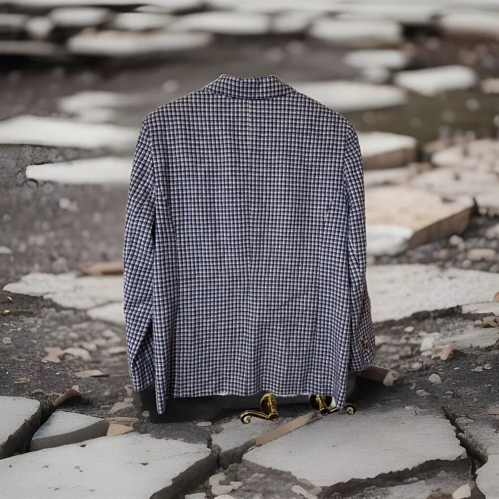 Vtg 90s White Stag Womens 10 Blue Beige Plaid Linen Cotton Pockets Blazer Jacket - Image 2