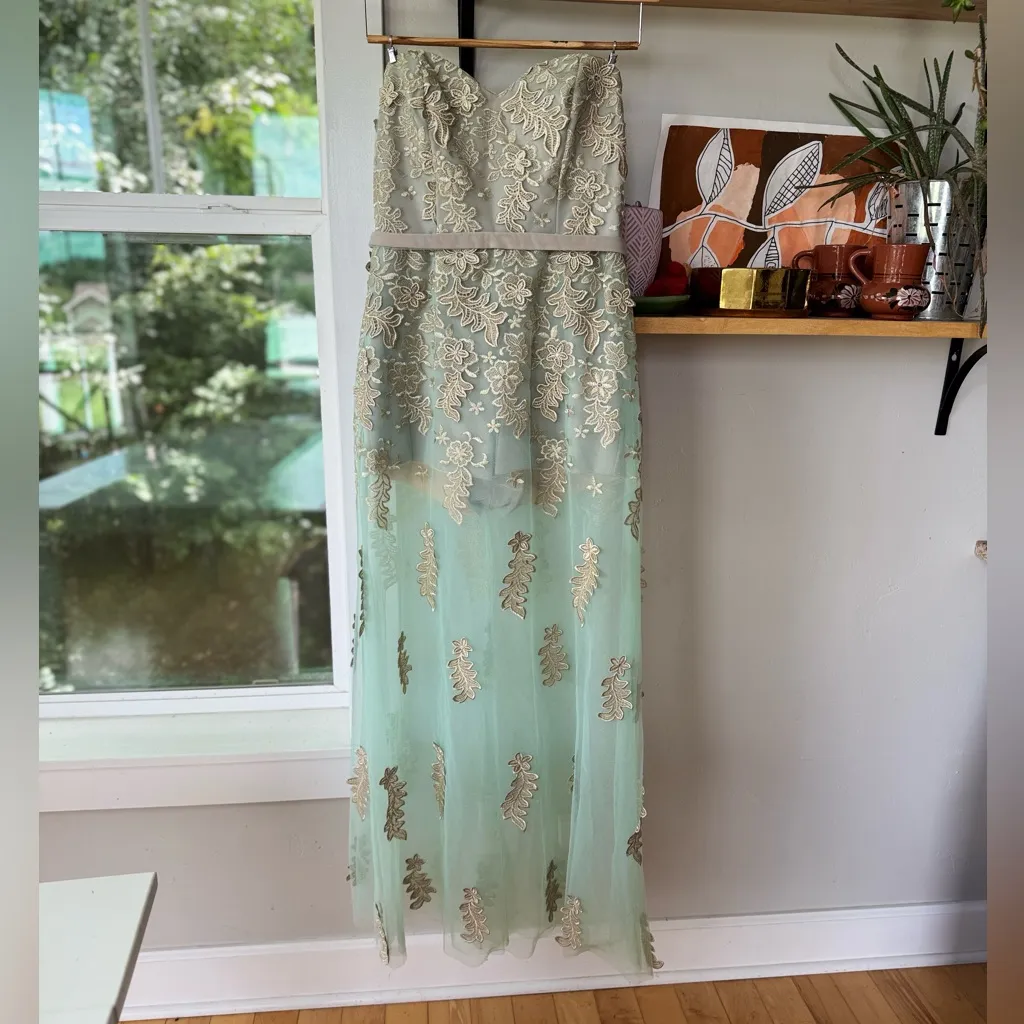 Crystal Doll Sea Green Gold Sheer Mesh Strapless Dress with Shorts Sz 9 - Image 5