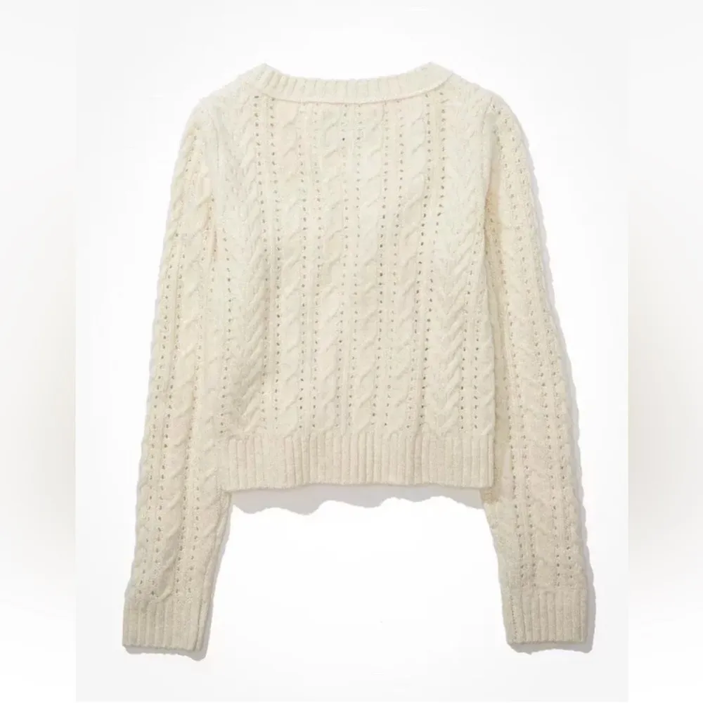 AE Cropped‎ Button-Up Cardigan Knit Sweater Woman’s Size S Cream Ivory - Image 7