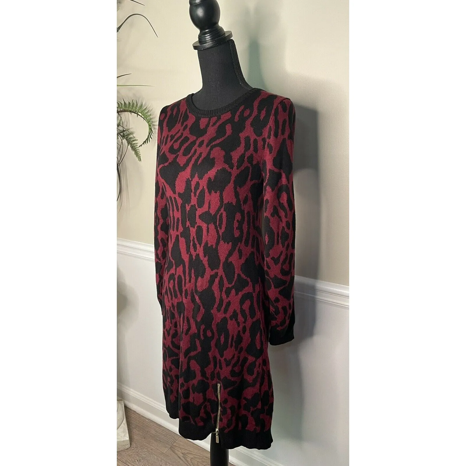 INC Red Black Animal Print Sweater Dress SZ Small - Image 2