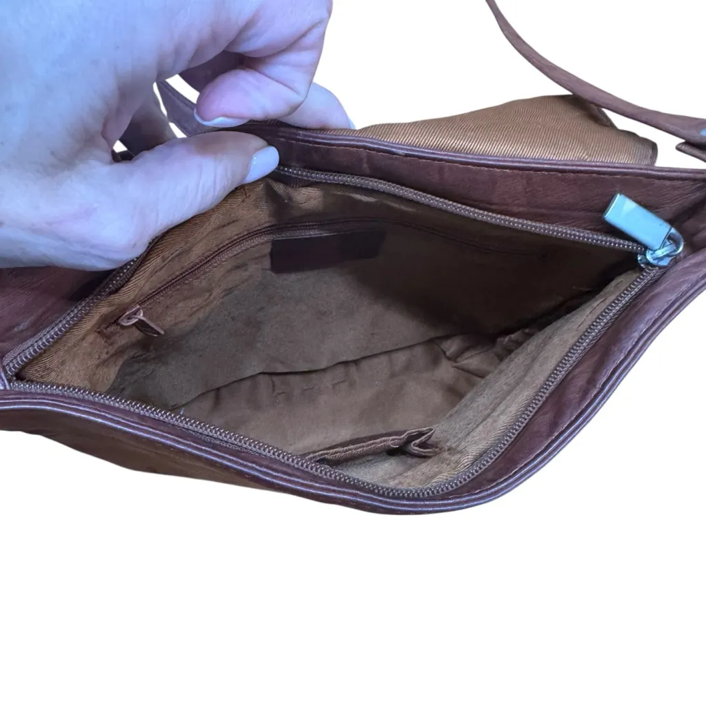 Vera Pelle Made in Italy Brown Leather‎ Crossbody Bag Flap Zip Pockets - Image 6