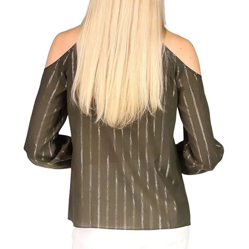 Michael Kors Metallic Stripe Cold-Shoulder Blouse in Olive, Size 2X New w/Tag - Image 3