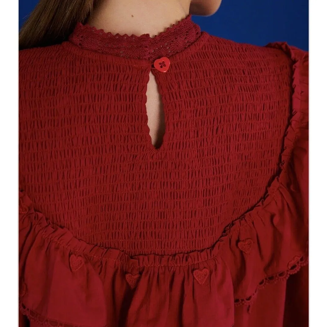 Farm Rio Women's Red 3D Heart Red Blouse Long Sleeve Smocked Size XS - Image 3