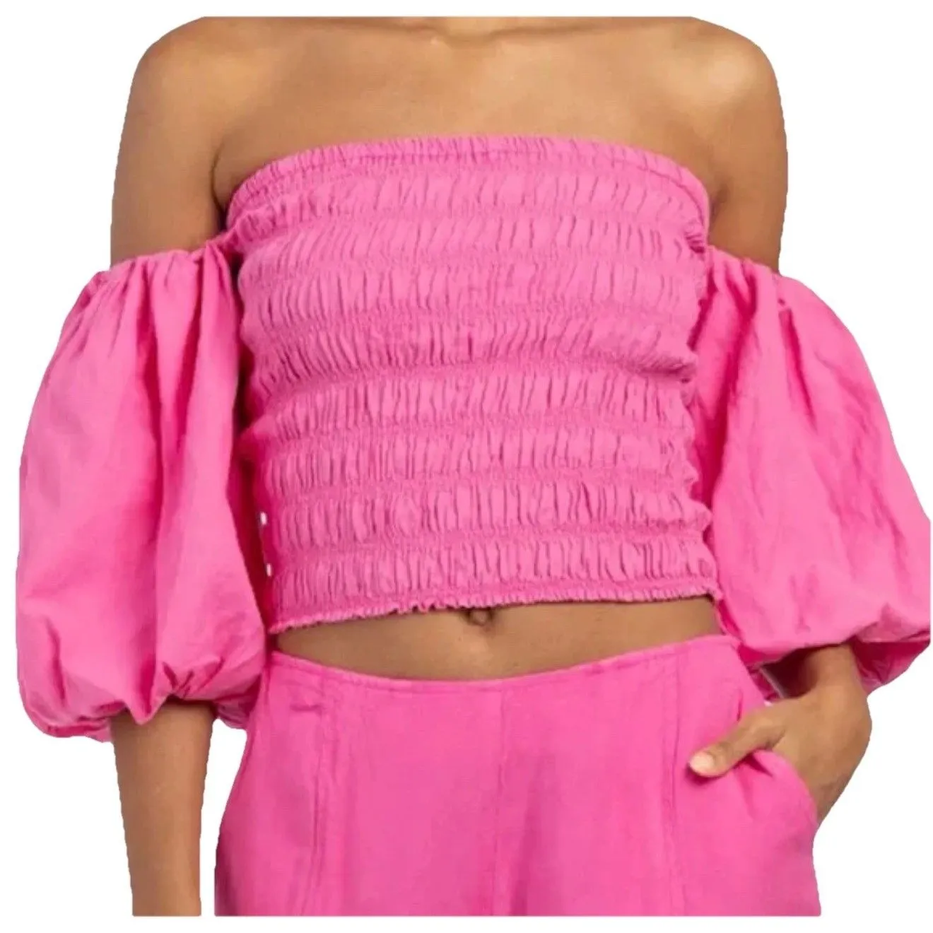 Young Fabulous & Broke Pink Smocked Off Shoulder Puff Sleeve Boho Top M - Image 2