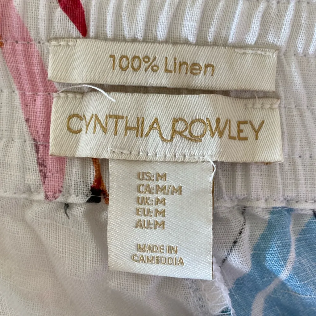Cynthia Rowley 100% Linen Wide Leg Ankle Pull On Pants Tropical Flowers Pockets - Image 2
