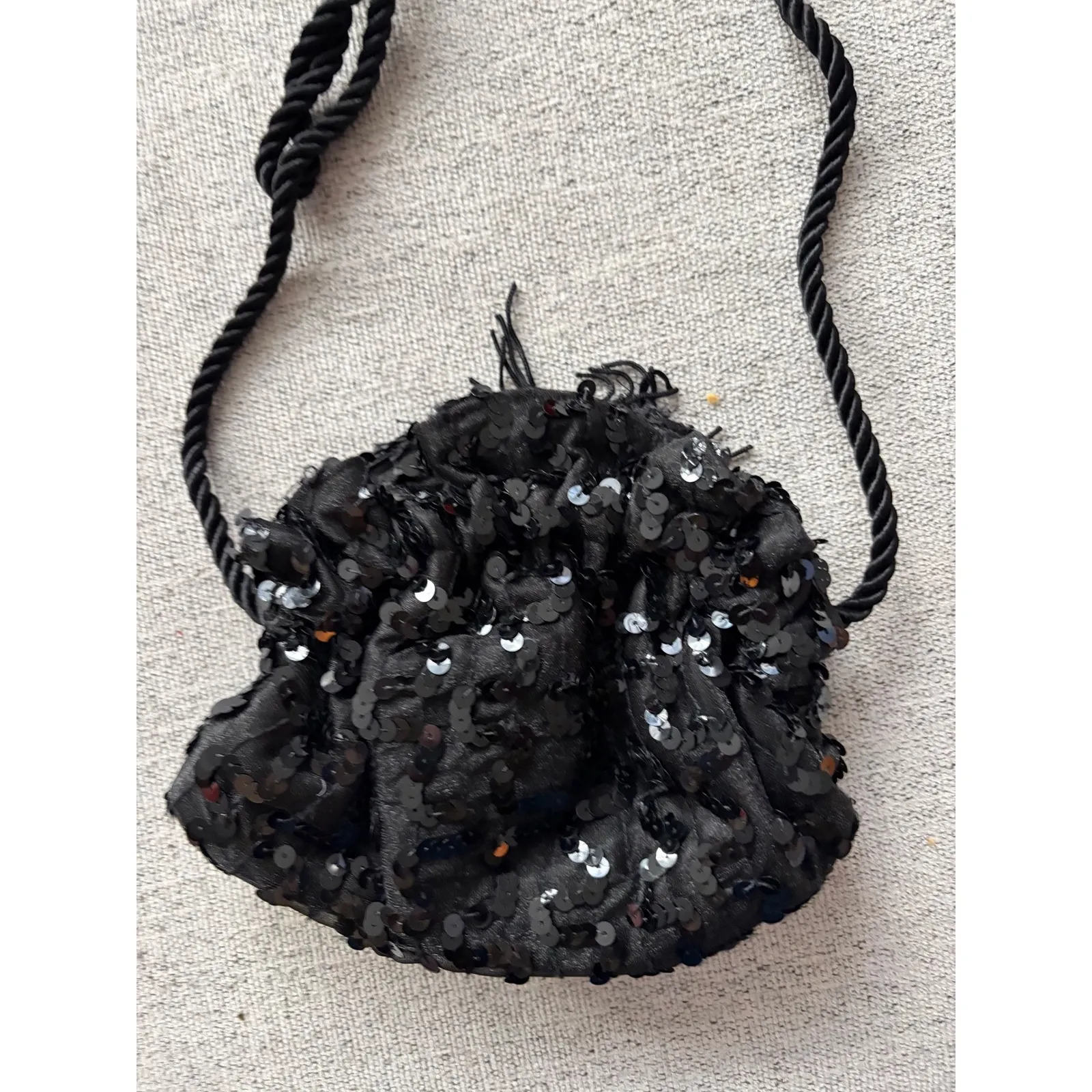 Sparkly Black Sequin Ruched Drawstring Evening Bag - Image 2