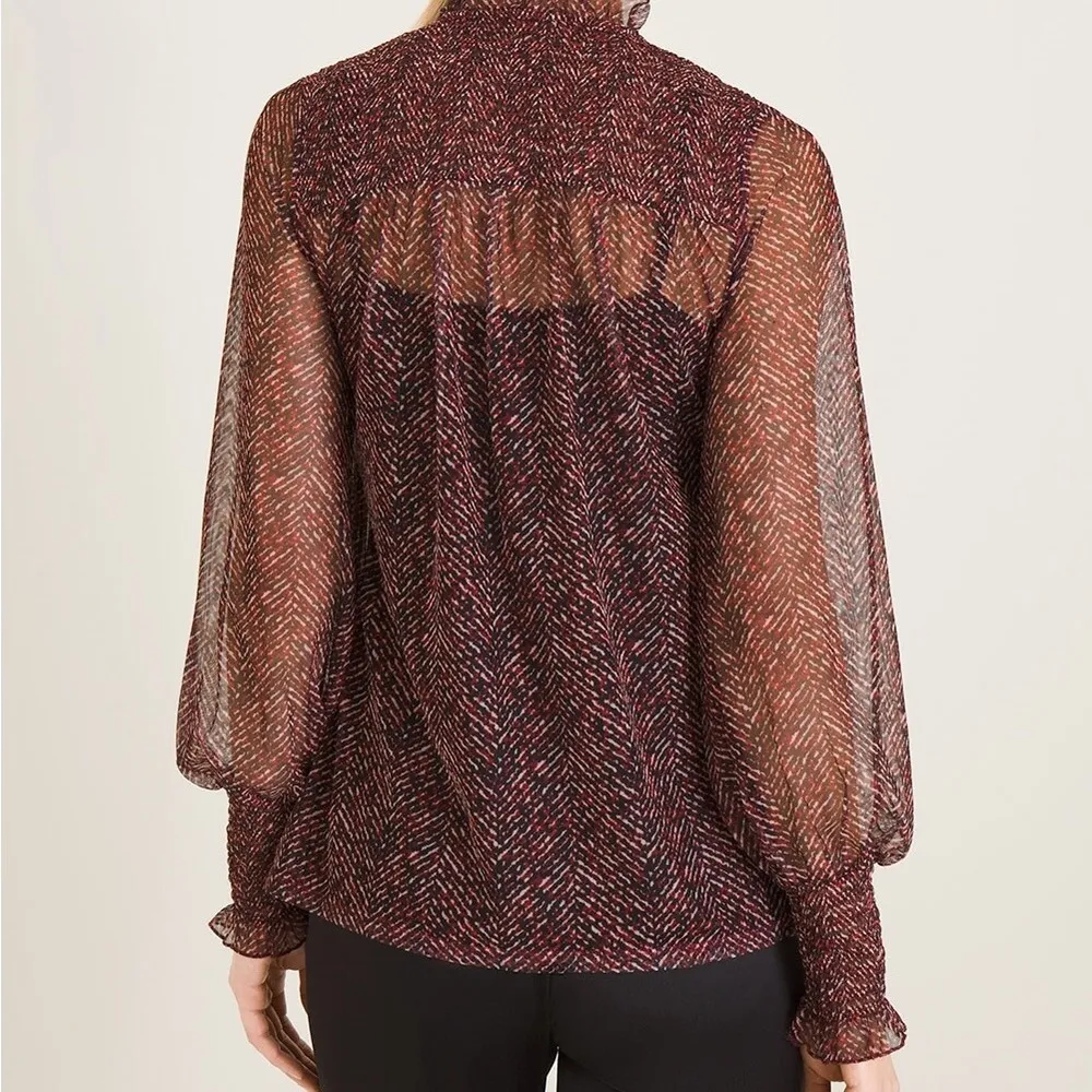 Chico’s Women’s Herringbone Mesh Blouse Tie Neck Ruffles Sheer Burgundy 2 (12) - Image 5