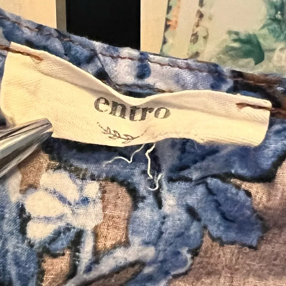 Entro Blue Brown Floral Peplum Ruffle Tie Front Long Sleeve Cotton Blouse Size M - Image 6