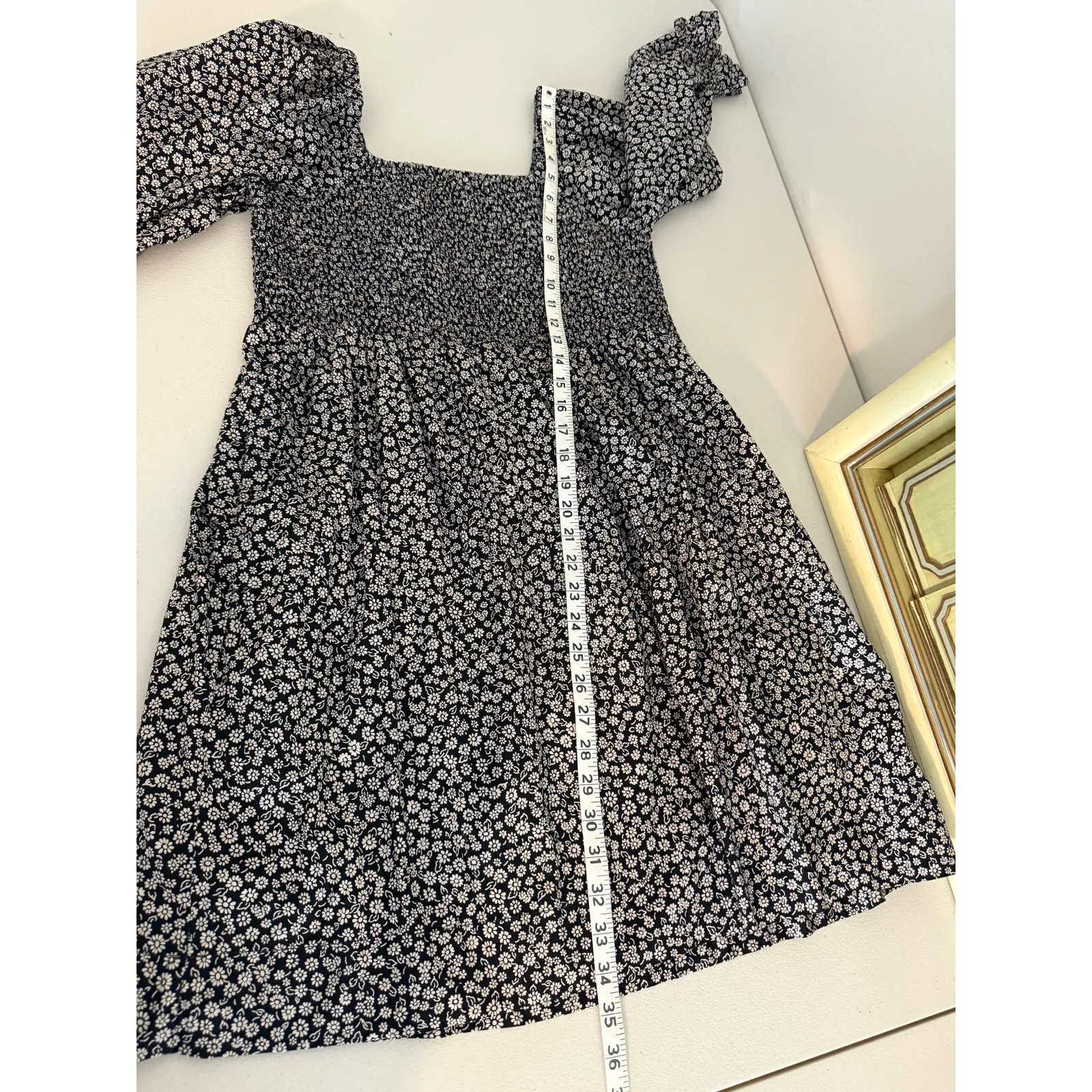 Madewell Lucie Elbow Puff Sleeve Smocked Mini Dress Black White Ditsy Floral M - Image 6