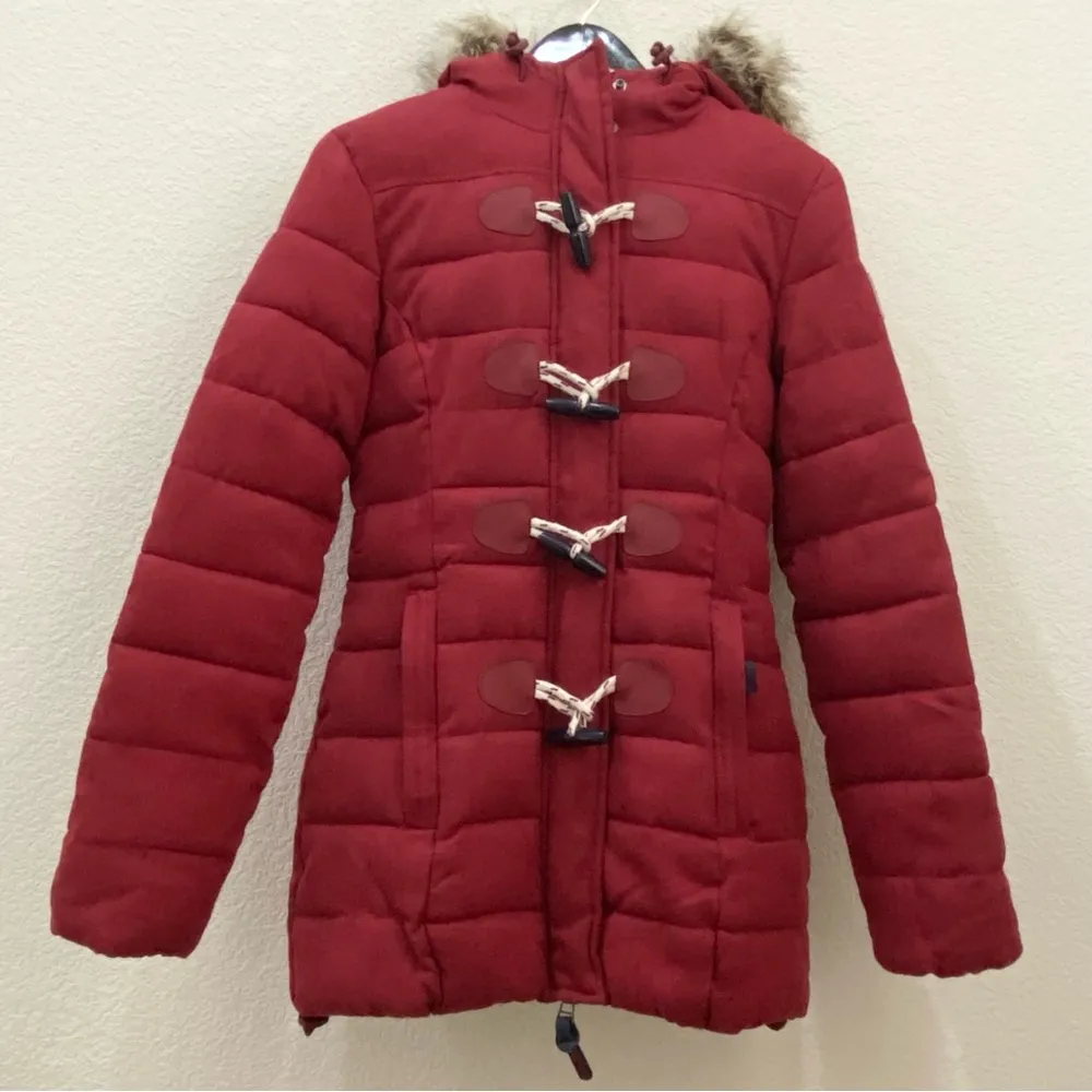 Tall Marl Toggle Puffle Jacket Burgundy Puffer Hooded Coat Size 2 US - Image 6