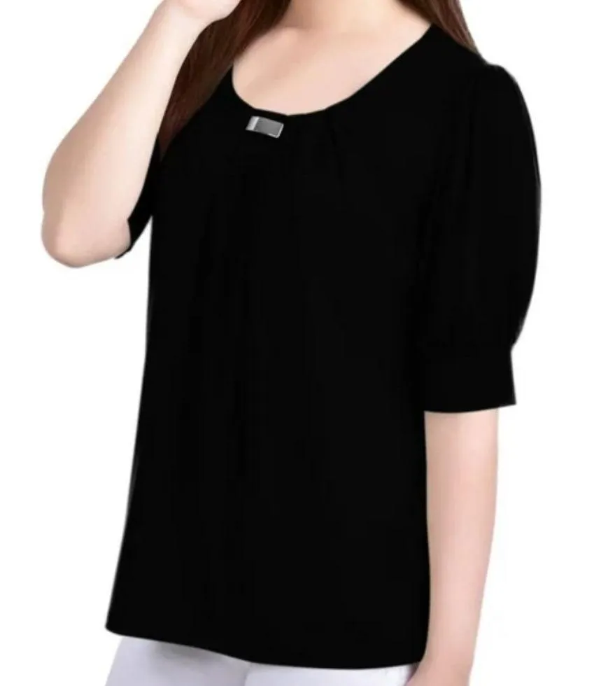 NY Collection Black Short Puff Sleeve Blouse Silver Metal Accent Size Large - Image 2