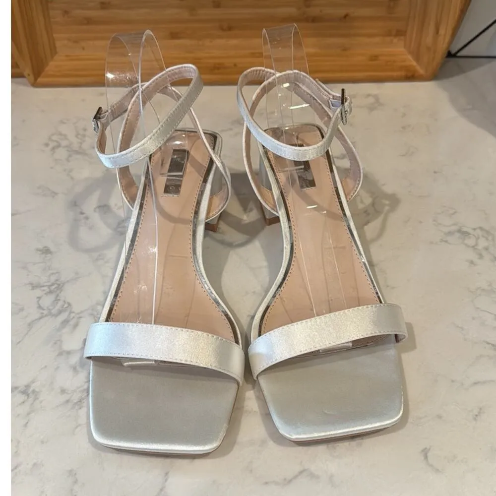 ASOS Be Mine Wide Fit Bridal Ruhi low block heeled sandals ivory satin size 10W - Image 4