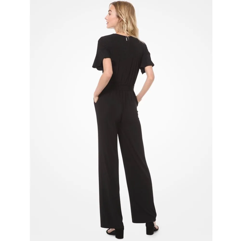 Michael Kors Wide Leg Jumpsuit Belted V-Neck Stretch Black Size L NWT $135.00 - Image 2