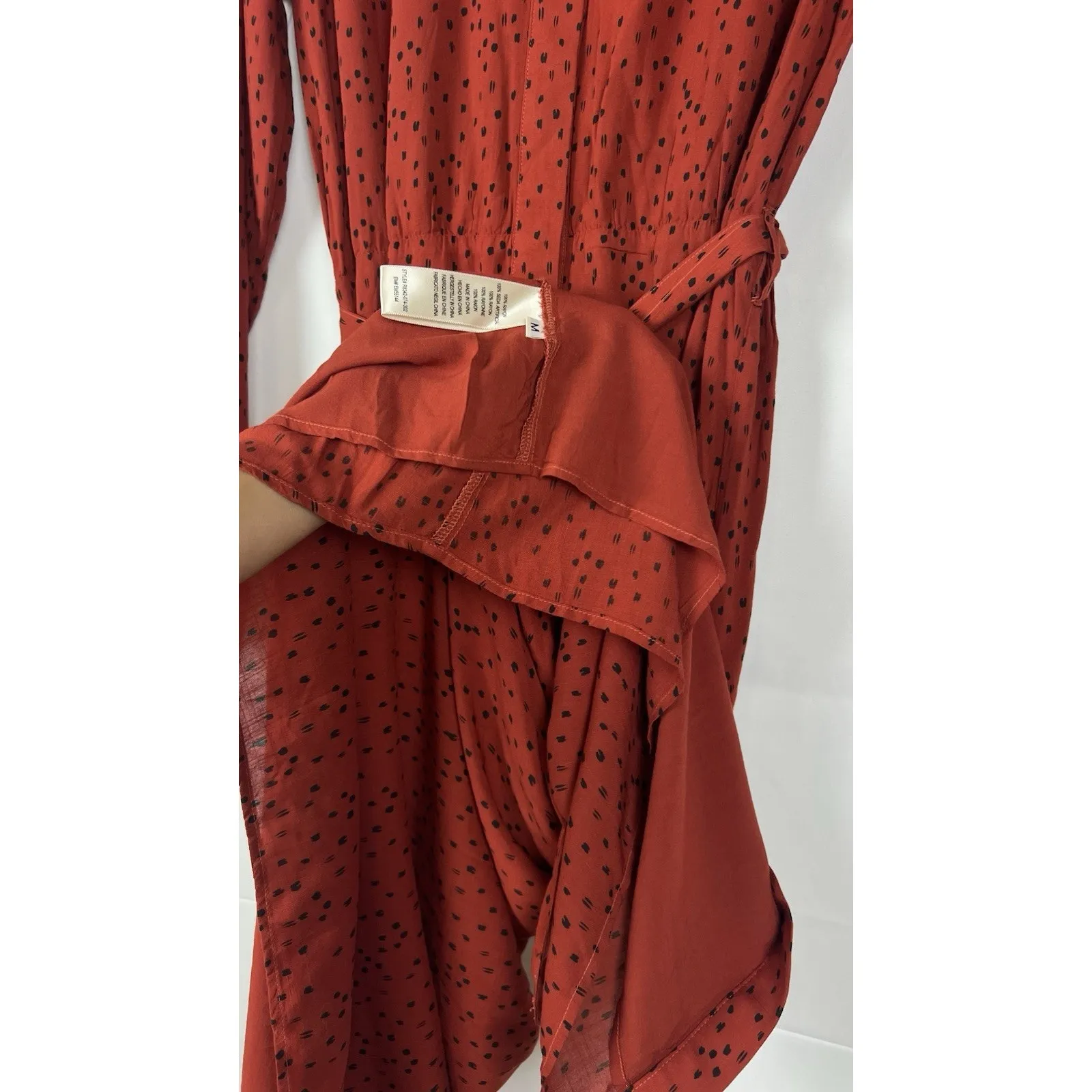 Cloth & Stone for Anthropologie M Red Printed Midi Dress Long Sleeve Tie Waist - Image 8