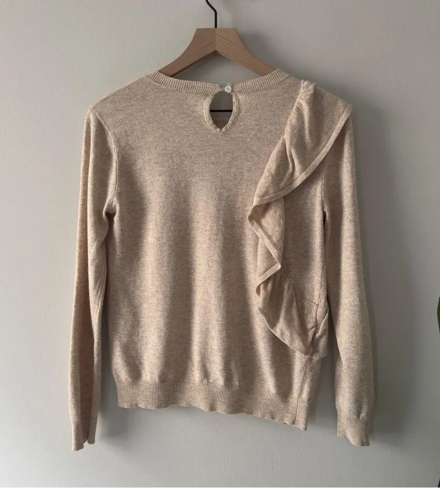 Anthropologie Moth Ruffle Beige tight Knit Sweater long sleeve crew neck keyhole - Image 2
