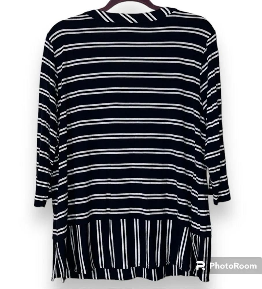 TALBOTS WOMAN size 2X dark blue white v neck striped 3/4 sleeve blouse hi low - Image 3