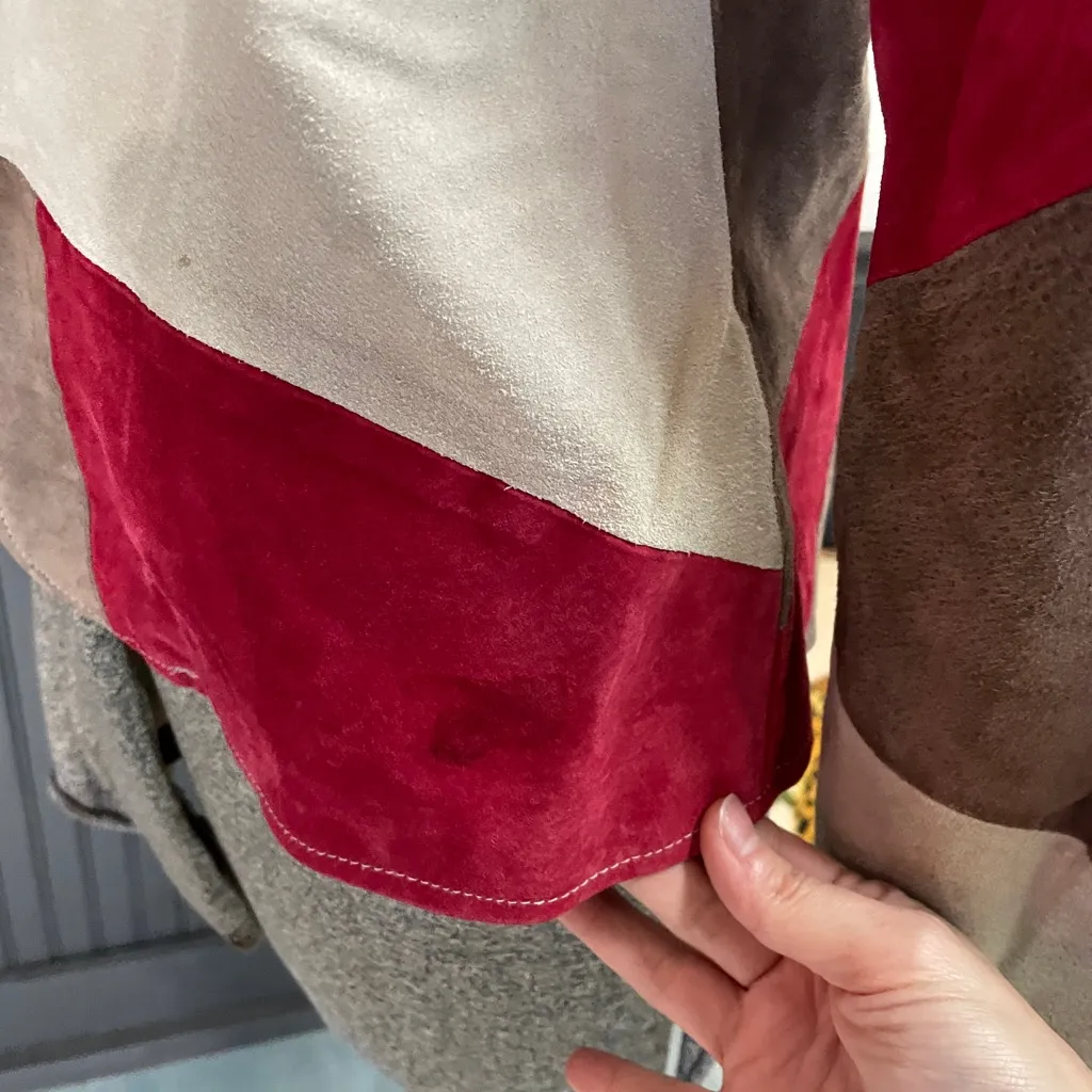 Vntg Karen Arnold Patchwork Leather Jacket Red Cream Colorblock Y2K - Image 8