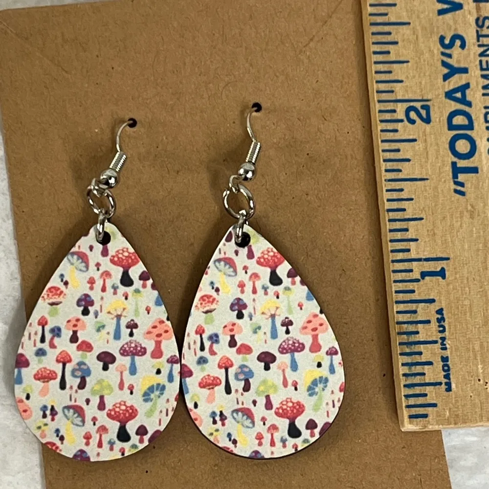 Mushrooms, Multicolored, Teardrop Dangle Pierced Earrings - Image 3