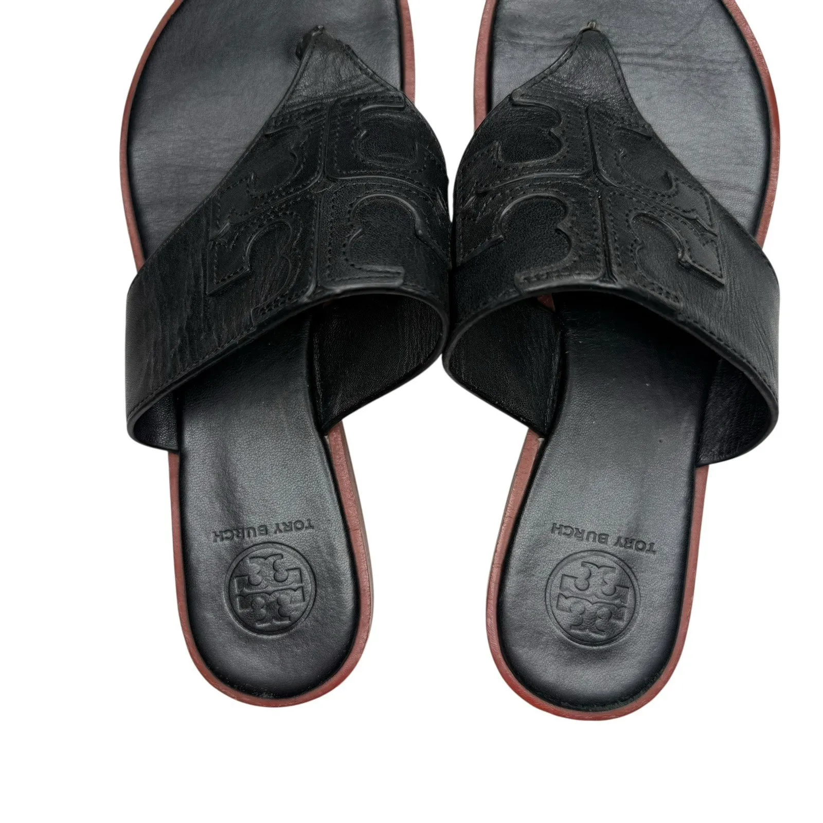 Tory Burch Jamie‎ Size 6.5 Full Logo Thong Sandals Black Leather S/N 48275 - Image 10