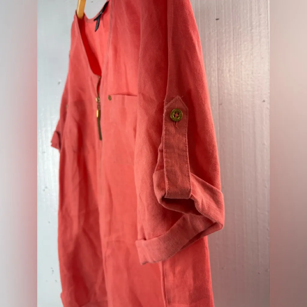 Ellen Tracy 1X Linen Button Up Sleeve Pocketed Tunic Top in Coral - Image 6