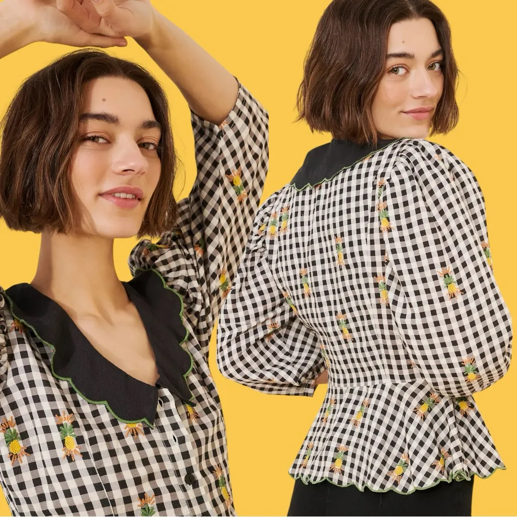 Farm Rio Cottage Linen Blend Peter Pan Collar Gingham Embroidered Top Large - Image 4