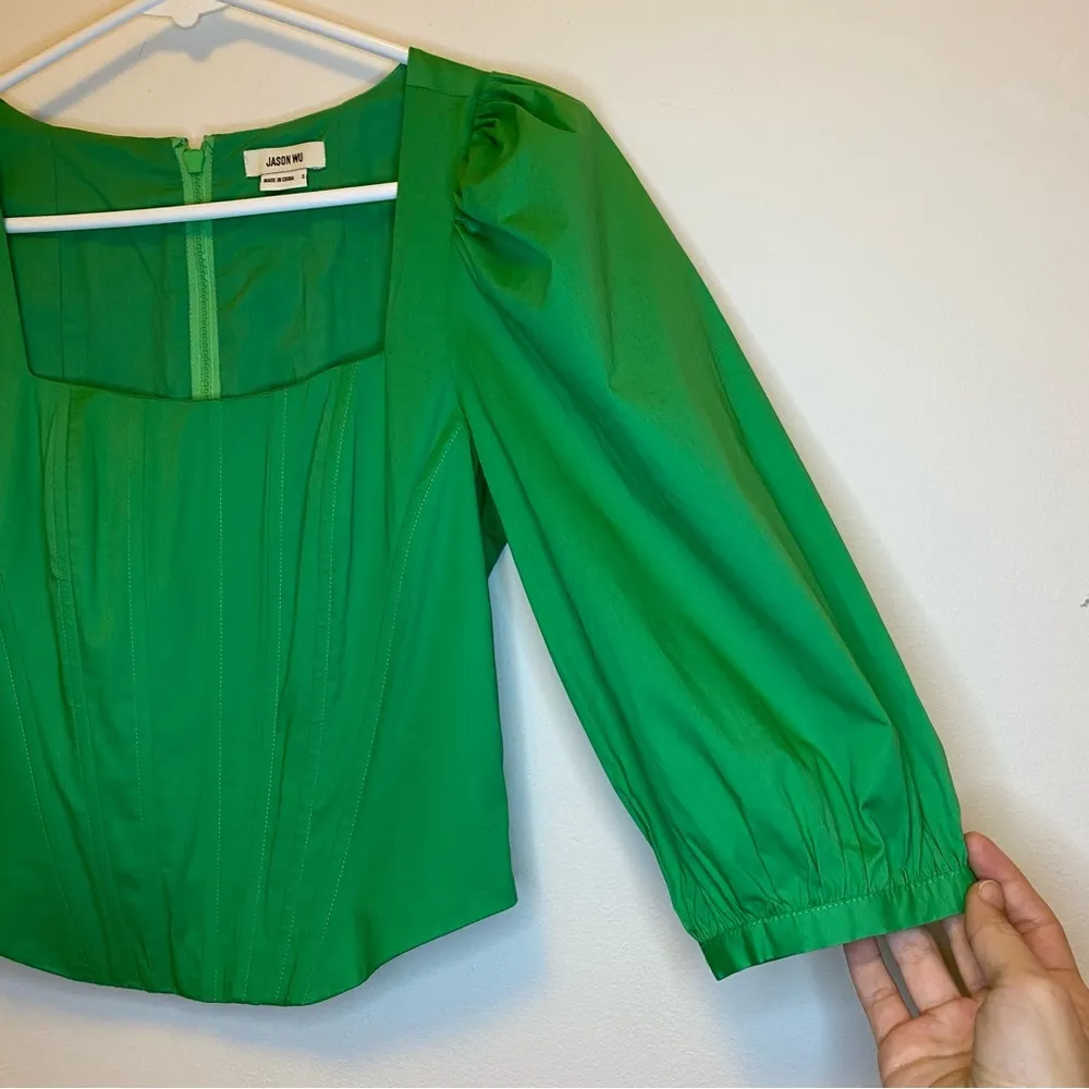 JASON WU Square Neck Puff Sleeve Corset Top w Boning in Green Sz Small - Image 7
