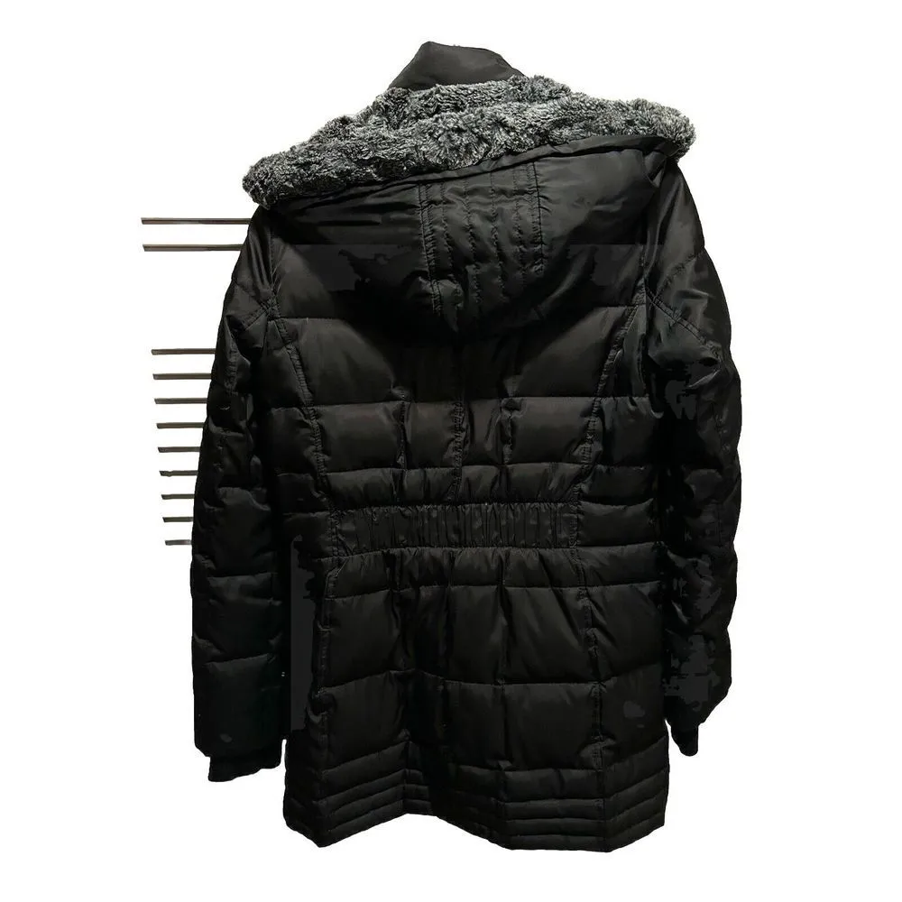 Puffer Jacket Black Women's Zip/Snap Up Size S Pockets Fur Hood - Image 7