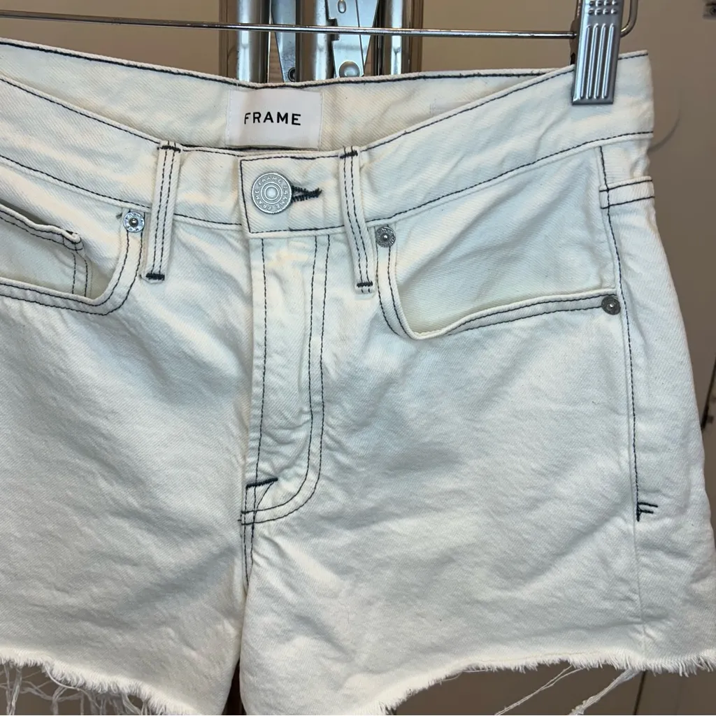 Frame Le Brigette High Waist Raw Hem Denim Shorts in Chalked Off White - Image 8