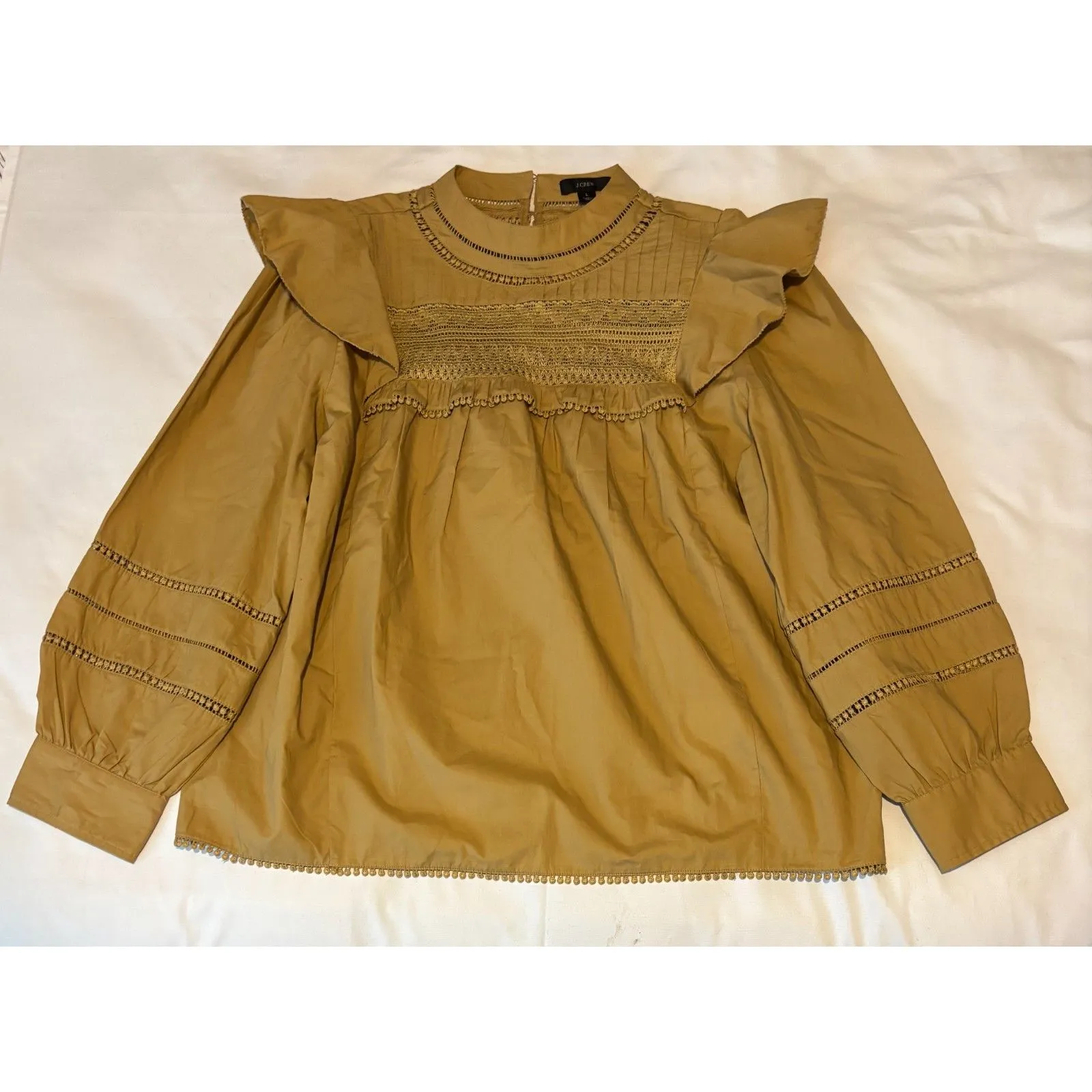 J. Crew Crocheted Lace Ruffle High Neck Honey Brown Top Sz Large Romantic Boho - Image 5