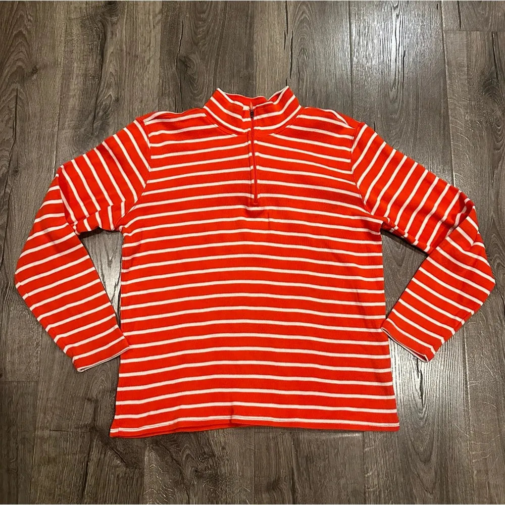 LL Bean Women's L French Sailor 1/4 Zip Pullover Orange White Stripe Long Sleeve - Image 10