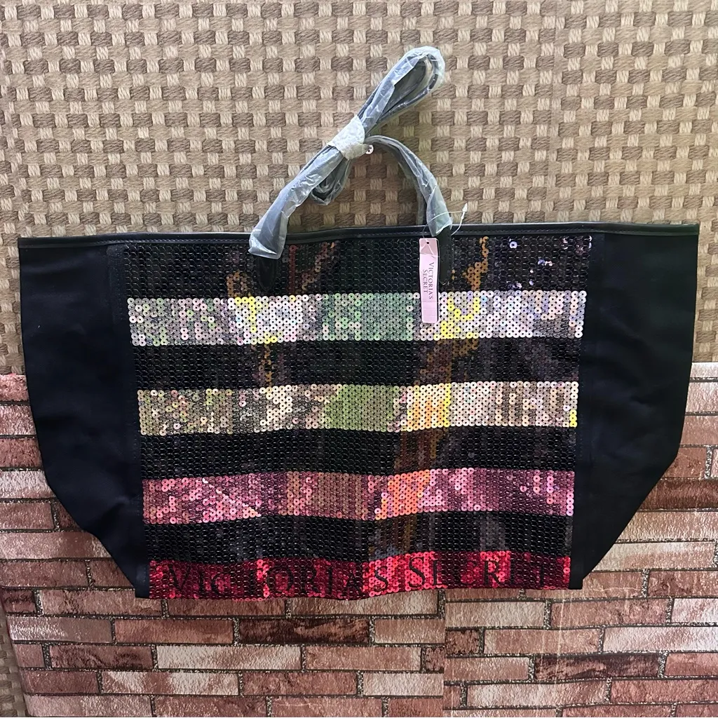 Victorias Secret Sequin Stylish Black and Multicolor Tote Bag - Image 5