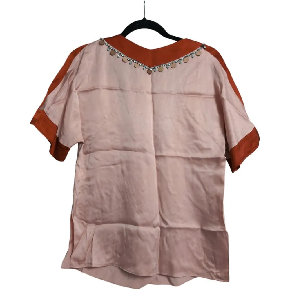 Tory Burch Giselle Tunic Pink Embellished Short Sleeve V-Neck Silk Blend Size 0 - Image 3