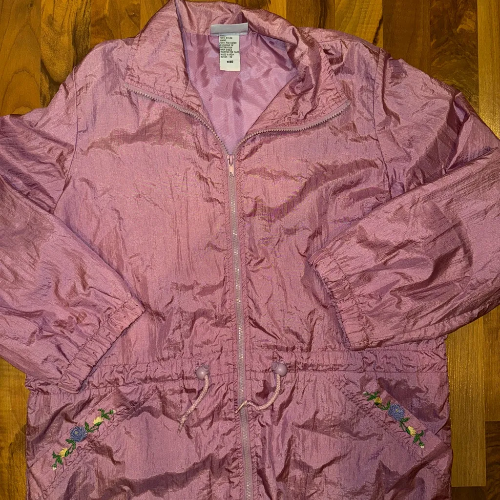 Vintage Blair women’s windbreaker zip up pink jacket‎ embroidered floral medium - Image 2