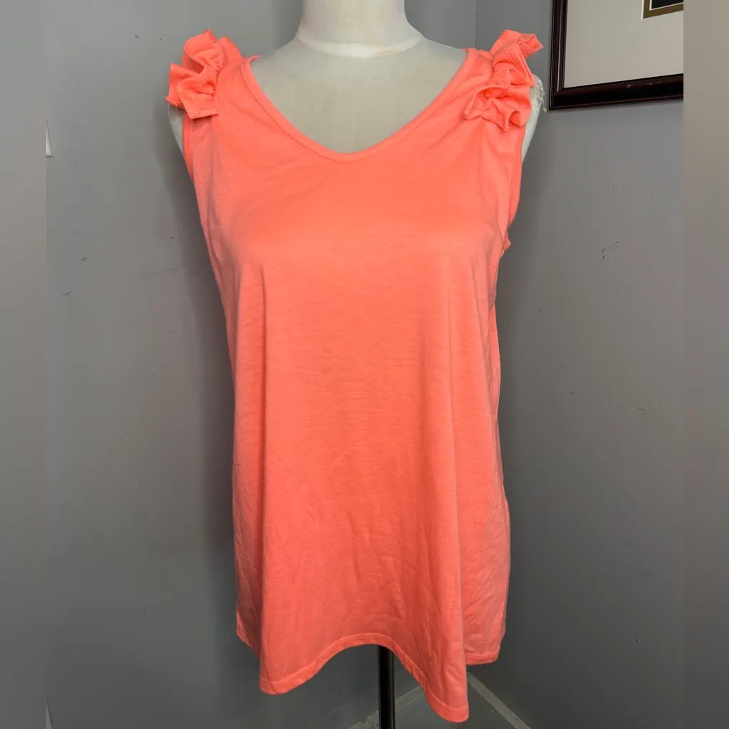 Women’s Neon Coral Ruffle Trim Sleeveless Top Orange Size M - Image 2