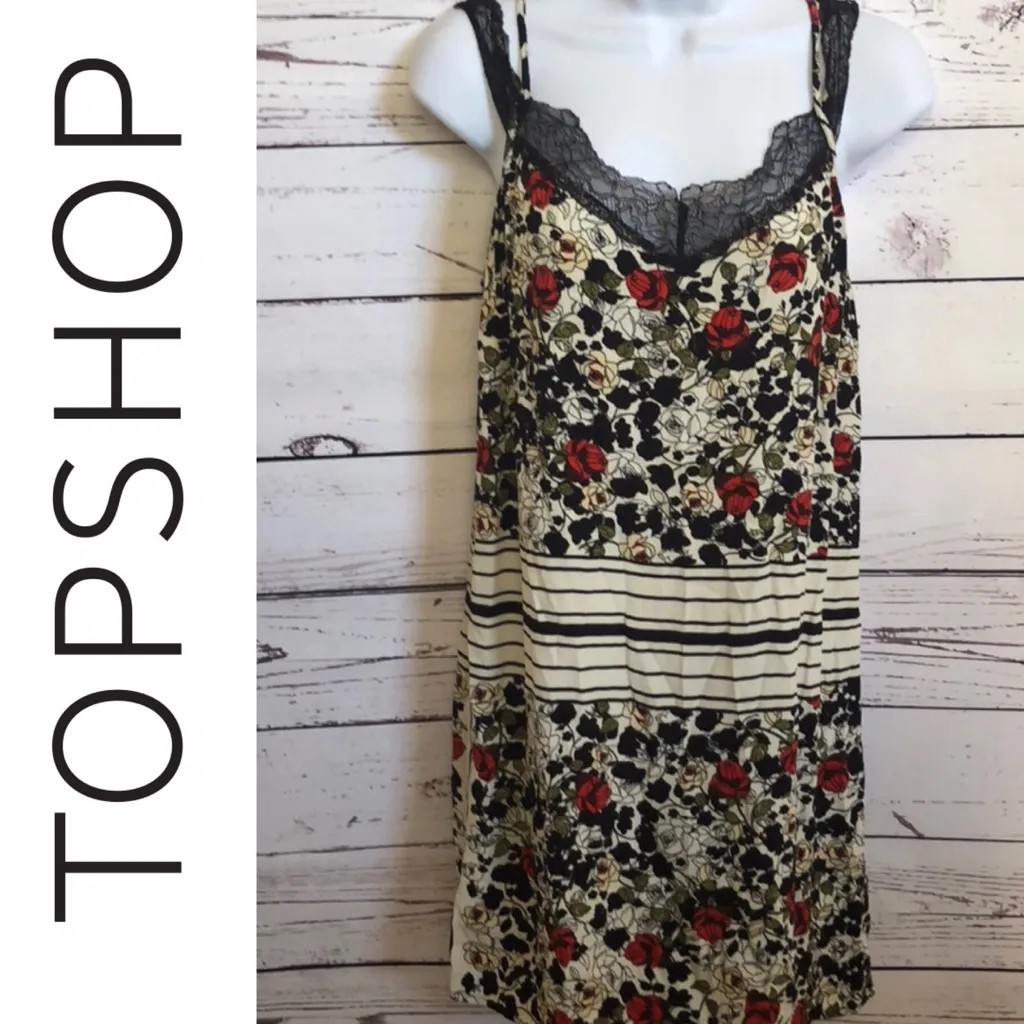 Topshop floral rose red black ivory lace slip‎ dress women’s size 4 - Image 2