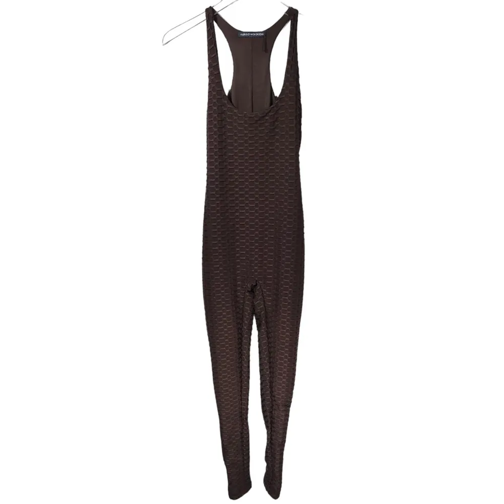 Naked Wardrobe Honeycomb Sleeveless Racerback Jumpsuit in Chocolate Brown - Image 3