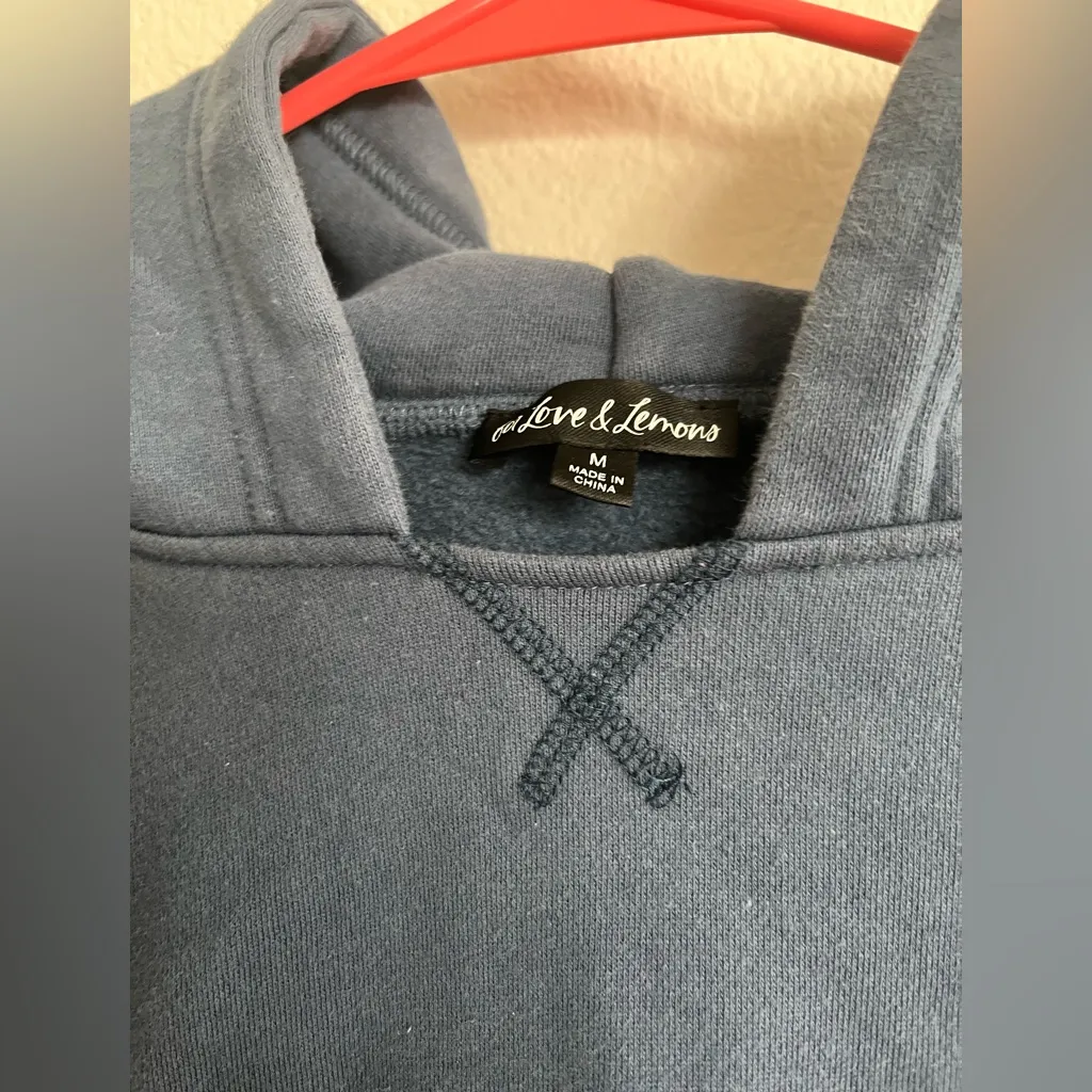 For Love & Lemons Hooded Sweatshirt Blue Josie Cropped Hoodie Soft Fleece Sz m - Image 3