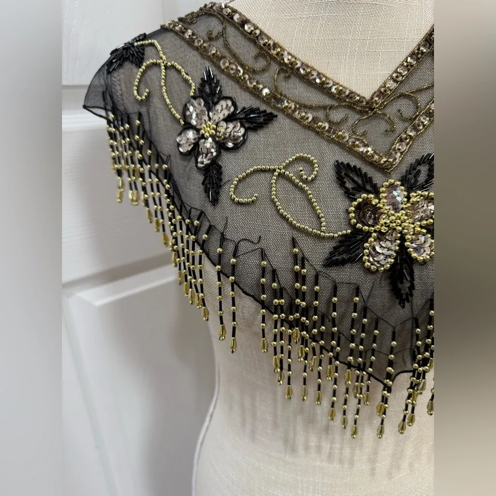 Vintage Beaded Mesh Capelet / Shawl Collar Black - Image 2