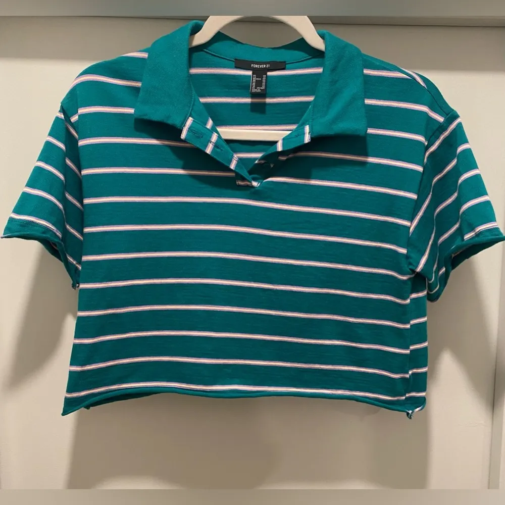 Forever 21 F21 Teal Blue & Light Purple Striped Short Sleeve Crop Polo Shirt XS - Image 3