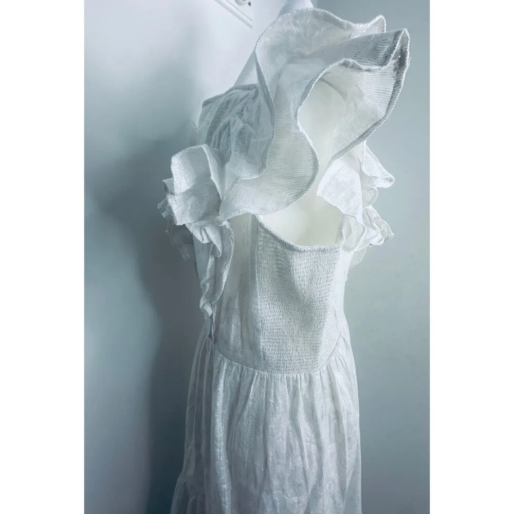 Roller Rabbit S Ondine Metallic Silver Ruffle Sleeve Midi Dress White READ DESCR - Image 6